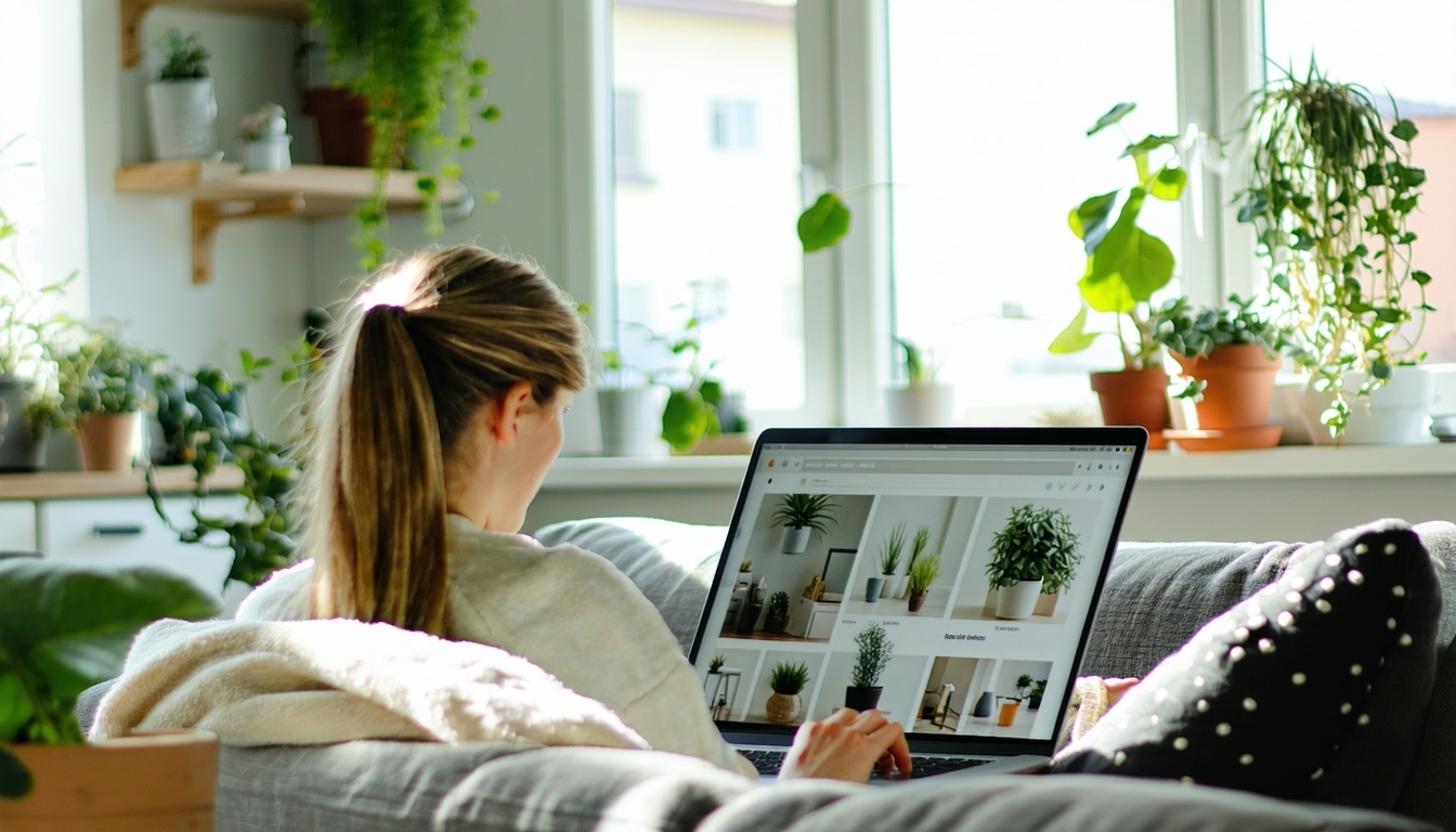 A person shopping online on a laptop The person is sitting at home in a sofa The room is filled with natural light and is decorated in a scandinavian style with plenty of greenery-1